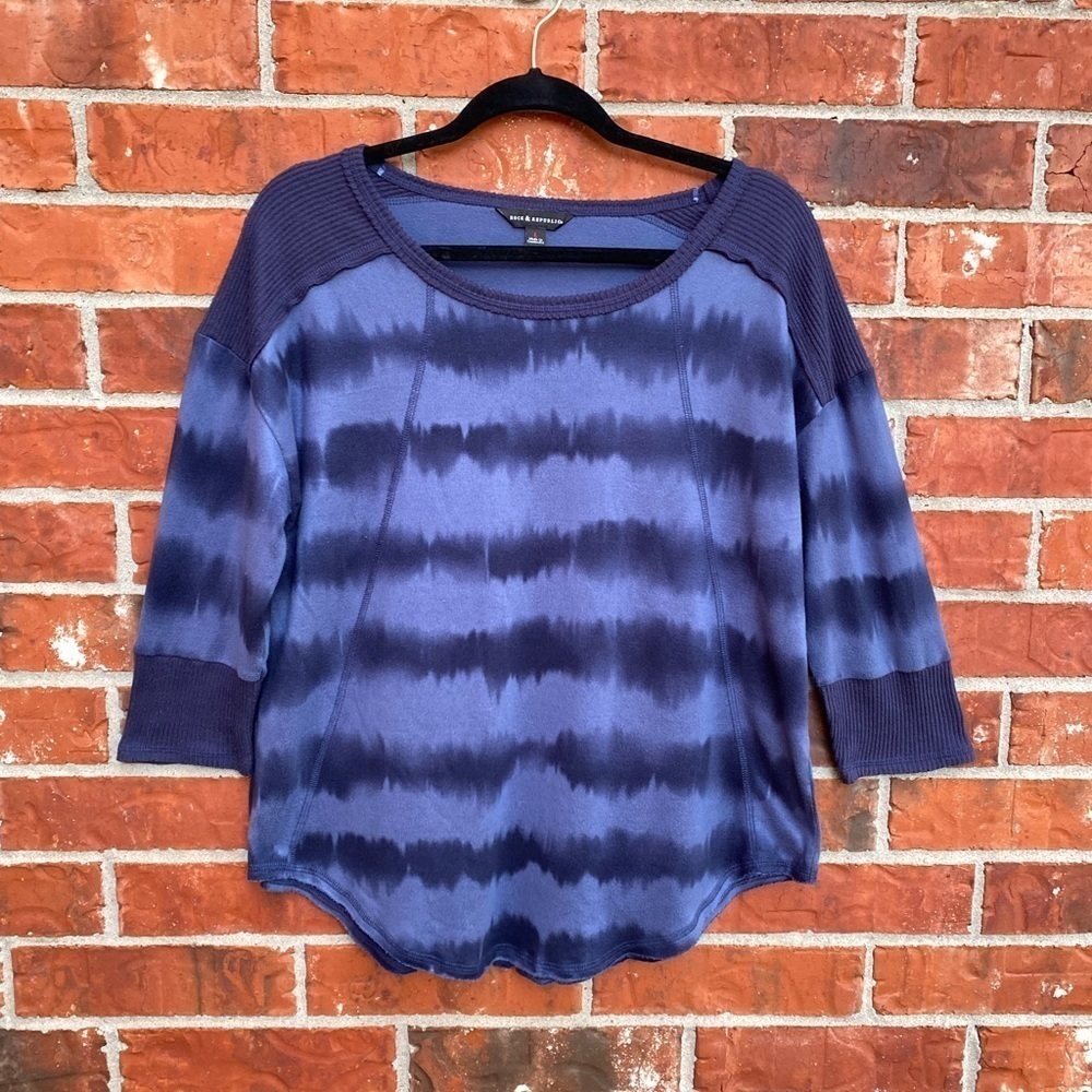 Rock & Republic Womens Large Blue Ribbed Tie Dye Long Sleeve Knit Top